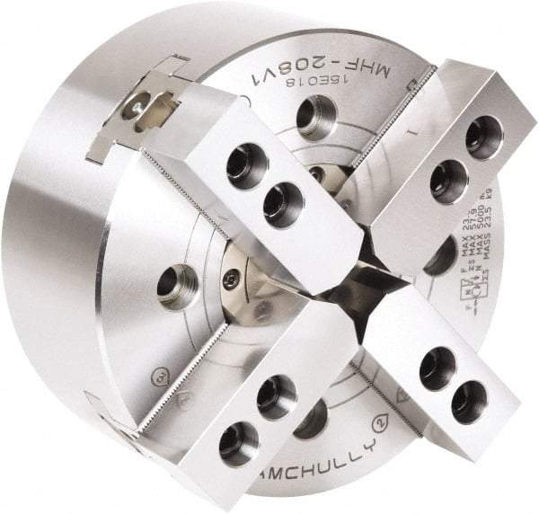 Samchully - 4 Jaw, 210mm Chuck Diam, Plain Back Mount, 66mm Through Hole Diam, Drawtube Hydraulic Power Lathe Chuck - 1.5mm x 60° Serrated Jaw Interface, 5,000 RPM, Steel Body - Americas Industrial Supply