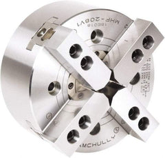 Samchully - 4 Jaw, 210mm Chuck Diam, Plain Back Mount, 66mm Through Hole Diam, Drawtube Hydraulic Power Lathe Chuck - 1.5mm x 60° Serrated Jaw Interface, 5,000 RPM, Steel Body - Americas Industrial Supply