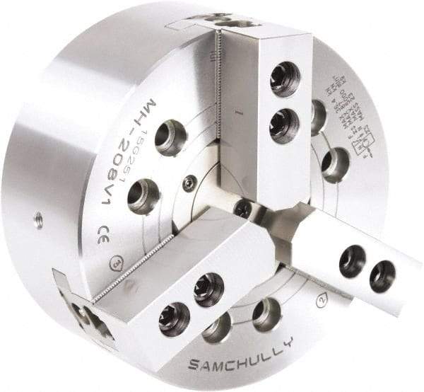 Samchully - 3 Jaw, 175mm Chuck Diam, Plain Back Mount, 52mm Through Hole Diam, Drawtube Hydraulic Power Lathe Chuck - 1.5mm x 60° Serrated Jaw Interface, 6,000 RPM, Steel Body - Americas Industrial Supply