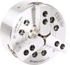 Samchully - 3 Jaw, 165mm Chuck Diam, Plain Back Mount, 46mm Through Hole Diam, Drawtube Hydraulic Power Lathe Chuck - 1.5mm x 60° Serrated Jaw Interface, 6,000 RPM, Steel Body - Americas Industrial Supply