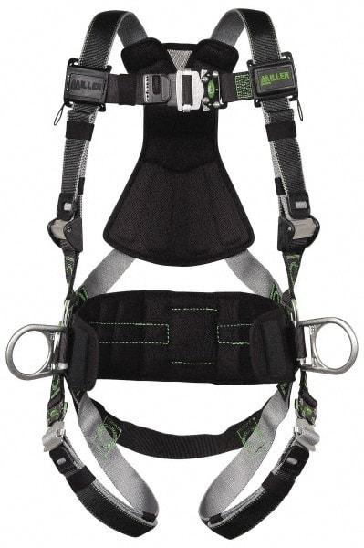 Miller - 400 Lb Capacity, Size Universal, Full Body Construction Safety Harness - Polyester (Outer) & Webbing, Side D-Ring, Quick Connect Leg Strap, Quick Connect Chest Strap, Green/Black - Americas Industrial Supply