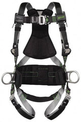 Miller - 400 Lb Capacity, Size Universal, Full Body Construction Safety Harness - Polyester (Outer) & Webbing, Side D-Ring, Quick Connect Leg Strap, Quick Connect Chest Strap, Green/Black - Americas Industrial Supply