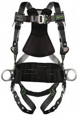Miller - 400 Lb Capacity, Size Universal, Full Body Construction Safety Harness - Polyester (Outer) & Webbing, Side D-Ring, Tongue Leg Strap, Quick Connect Chest Strap, Green/Black - Americas Industrial Supply