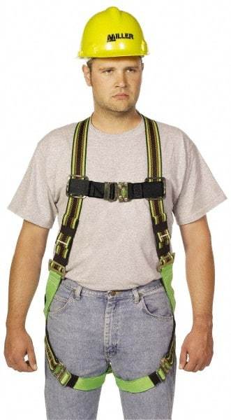 Miller - 400 Lb Capacity, Size Universal, Full Body Construction Safety Harness - Polyester Webbing, Quick Connect Leg Strap, Quick Connect Chest Strap, Green/Black - Americas Industrial Supply