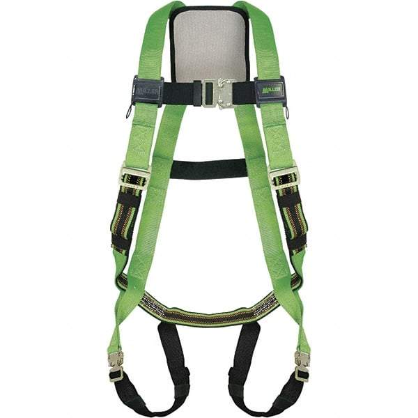 Miller - 400 Lb Capacity, Size Universal, Full Body Construction Safety Harness - Polyester Webbing, Quick Connect Leg Strap, Quick Connect Chest Strap, Green/Black - Americas Industrial Supply