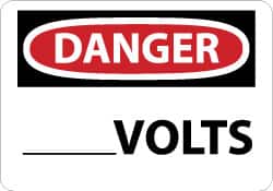 NMC - Accident Prevention Label, Header: DANGER - Legend: Danger - ____ Volts, English, Red, Black & White, 5" Long x 3" High, Sign Muscle Finish - Americas Industrial Supply