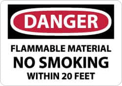 NMC - "Danger - Flammable Material - No Smoking Within 20 Feet", 10" Long x 14" Wide, Aluminum Safety Sign - Rectangle, 0.04" Thick, Use for Accident Prevention - Americas Industrial Supply