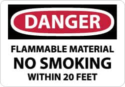 NMC - "Danger - Flammable Material - No Smoking Within 20 Feet", 7" Long x 10" Wide, Pressure-Sensitive Vinyl Safety Sign - Rectangle, 0.004" Thick, Use for Accident Prevention - Americas Industrial Supply