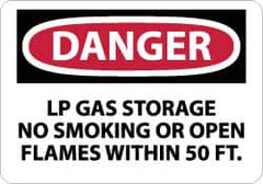 NMC - "Danger - LP Gas Storage - No Smoking or Open Flames Within 50 Ft.", 10" Long x 14" Wide, Aluminum Safety Sign - Rectangle, 0.04" Thick, Use for Accident Prevention - Americas Industrial Supply