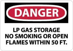 NMC - "Danger - LP Gas Storage - No Smoking or Open Flames Within 50 Ft.", 7" Long x 10" Wide, Pressure-Sensitive Vinyl Safety Sign - Rectangle, 0.004" Thick, Use for Accident Prevention - Americas Industrial Supply