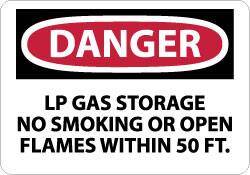 NMC - "Danger - LP Gas Storage - No Smoking or Open Flames Within 50 Ft.", 10" Long x 14" Wide, Pressure-Sensitive Vinyl Safety Sign - Rectangle, 0.004" Thick, Use for Accident Prevention - Americas Industrial Supply