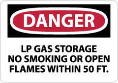 NMC - "Danger - LP Gas Storage - No Smoking or Open Flames Within 50 Ft.", 7" Long x 10" Wide, Rigid Plastic Safety Sign - Rectangle, 0.05" Thick, Use for Accident Prevention - Americas Industrial Supply