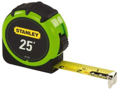 Stanley - 25' x 1" Yellow Blade Tape Measure - 1/16" Graduation, Inch Graduation Style, High-Visibility Green/Black Case - Americas Industrial Supply