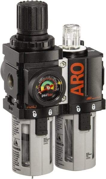 ARO/Ingersoll-Rand - 1/8" NPT Port Miniature 2 Piece Filter/Regulator-Lubricator FRL Unit - Polycarbonate Bowl, 36 SCFM, 150 Max psi, 5.2" High x 3.15" Long, Manual Drain - Americas Industrial Supply