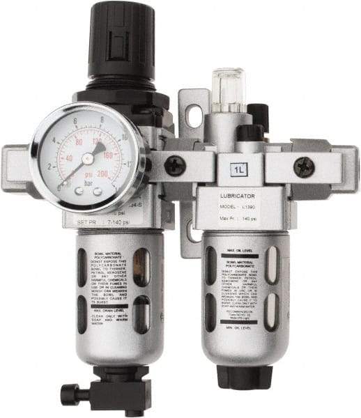 PRO-SOURCE - 1/8" NPT Port Miniature 2 Piece Filter/Regulator-Lubricator FRL Unit - Polycarbonate Bowl, 14 SCFM, 145 Max psi, 6.69" High, Manual Drain - Americas Industrial Supply