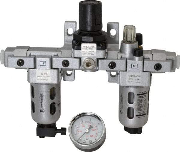PRO-SOURCE - 1/4" NPT Port Miniature 3 Piece Filter-Regulator-Lubricator FRL Unit - Polycarbonate Bowl, 18 SCFM, 145 Max psi, 6.69" High, Manual Drain - Americas Industrial Supply