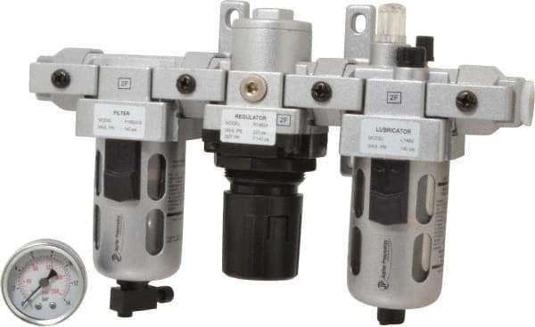 PRO-SOURCE - 3/8" NPT Port Intermediate 3 Piece Filter-Regulator-Lubricator FRL Unit - Polycarbonate Bowl, 71 SCFM, 145 Max psi, 8.66" High, Manual Drain - Americas Industrial Supply