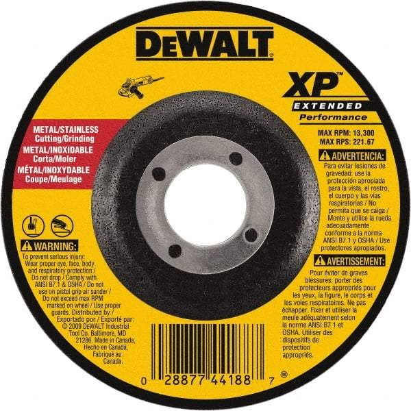 DeWALT - 24 Grit, 9" Wheel Diam, 1/8" Wheel Thickness, 7/8" Arbor Hole, Type 27 Depressed Center Wheel - Zirconia Alumina, Resinoid Bond, 6,600 Max RPM, Compatible with Angle Grinder - Americas Industrial Supply
