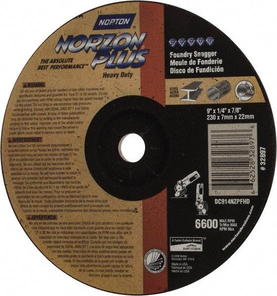 Norton - 9" Wheel Diam, 1/4" Wheel Thickness, 7/8" Arbor Hole, Depressed Center Wheel - Ceramic, Resinoid Bond, 6,600 Max RPM - Americas Industrial Supply