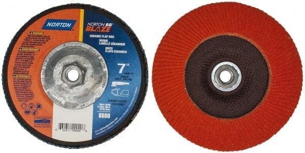 Norton - 80 Grit, 7" Disc Diam, 5/8-11 Center Hole, Type 27 Ceramic Flap Disc - Plastic Backing, Arbor Attaching System, Coated - Americas Industrial Supply