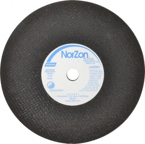 Norton - 12" Zirconia Alumina Cutoff Wheel - 1/8" Thick, 1" Arbor, 5,095 Max RPM, Use with Stationary Grinders - Americas Industrial Supply