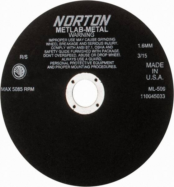 Norton - 9" Aluminum Oxide Cutoff Wheel - 0.063" Thick, 1-1/4" Arbor, 5,085 Max RPM, Use with Stationary Tools - Americas Industrial Supply