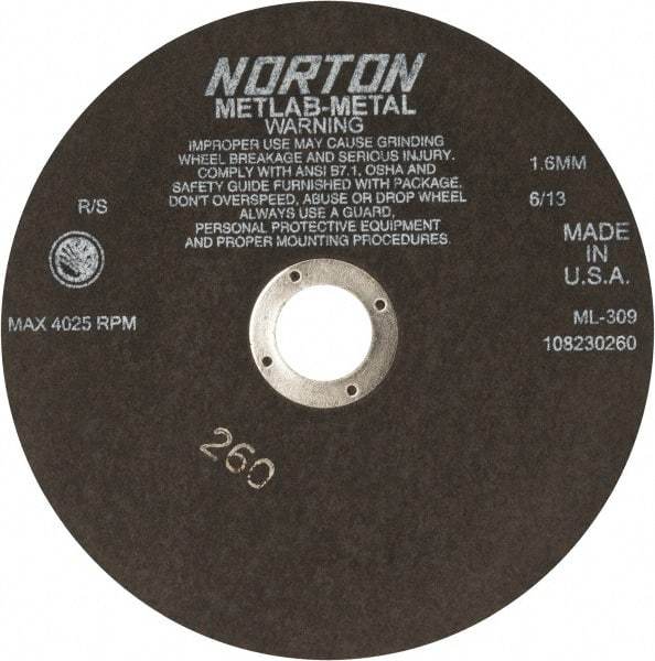 Norton - 9" Aluminum Oxide Cutoff Wheel - 0.063" Thick, 1-1/4" Arbor, 4,025 Max RPM, Use with Stationary Tools - Americas Industrial Supply