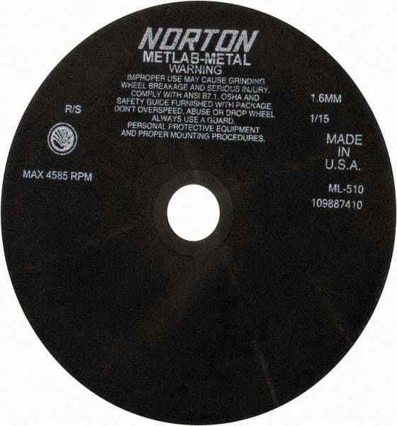 Norton - 10" Aluminum Oxide Cutoff Wheel - 0.063" Thick, 1-1/4" Arbor, 4,585 Max RPM, Use with Stationary Tools - Americas Industrial Supply
