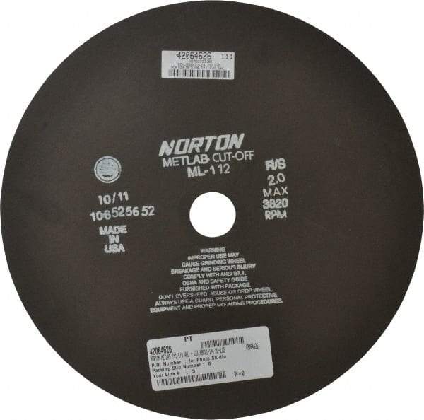 Norton - 12" Aluminum Oxide Cutoff Wheel - 0.078" Thick, 1-1/4" Arbor, 3,820 Max RPM, Use with Stationary Tools - Americas Industrial Supply