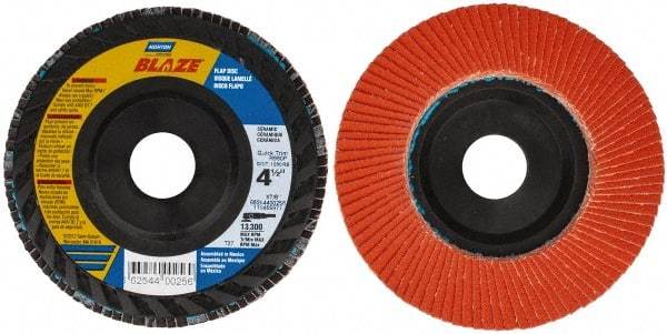 Norton - 120 Grit, 4-1/2" Disc Diam, 7/8" Center Hole, Type 27 Ceramic Flap Disc - Fiberglass Backing, Arbor Attaching System, Coated - Americas Industrial Supply