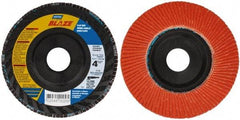 Norton - 120 Grit, 4-1/2" Disc Diam, 7/8" Center Hole, Type 27 Ceramic Flap Disc - Fiberglass Backing, Arbor Attaching System, Coated - Americas Industrial Supply