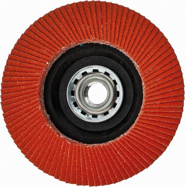 Norton - 120 Grit, 4-1/2" Disc Diam, 5/8-11 Center Hole, Type 27 Ceramic Flap Disc - Fiberglass Backing, Arbor Attaching System, Coated - Americas Industrial Supply