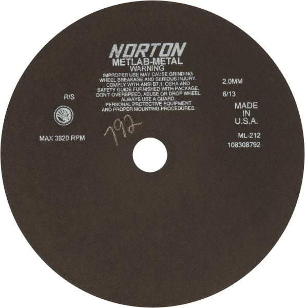 Norton - 12" Aluminum Oxide Cutoff Wheel - 0.078" Thick, 1-1/4" Arbor, 3,820 Max RPM, Use with Stationary Tools - Americas Industrial Supply