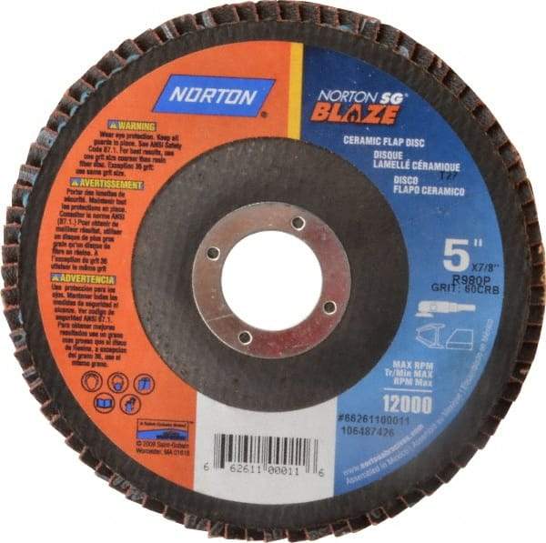 Norton - 60 Grit, 5" Disc Diam, 7/8" Center Hole, Type 27 Ceramic Flap Disc - Plastic Backing, Arbor Attaching System, Coated - Americas Industrial Supply