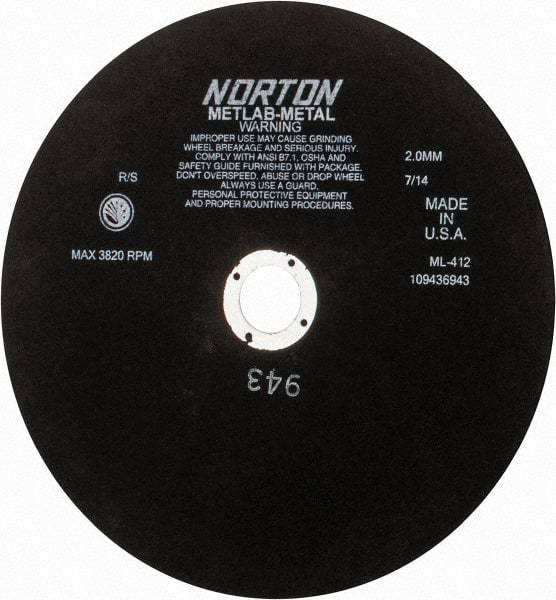 Norton - 12" Aluminum Oxide Cutoff Wheel - 0.078" Thick, 1-1/4" Arbor, 3,820 Max RPM, Use with Stationary Tools - Americas Industrial Supply
