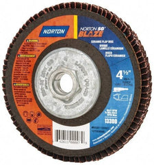 Norton - 60 Grit, 4-1/2" Disc Diam, 5/8-11 Center Hole, Type 27 Ceramic Flap Disc - Plastic Backing, Arbor Attaching System, Coated - Americas Industrial Supply