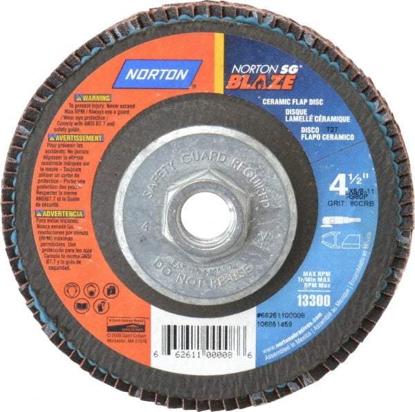 Norton - 80 Grit, 4-1/2" Disc Diam, 5/8-11 Center Hole, Type 27 Ceramic Flap Disc - Plastic Backing, Arbor Attaching System, Coated - Americas Industrial Supply