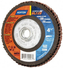 Norton - 40 Grit, 4-1/2" Disc Diam, 5/8-11 Center Hole, Type 27 Ceramic Flap Disc - Plastic Backing, Arbor Attaching System, Coated - Americas Industrial Supply