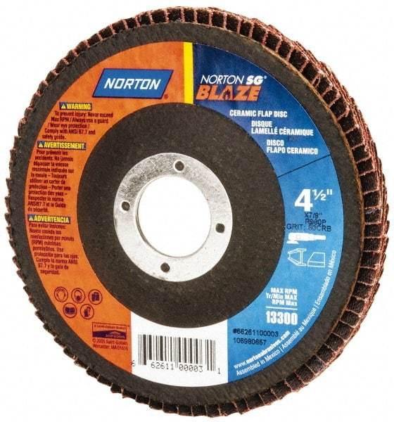 Norton - 60 Grit, 4-1/2" Disc Diam, 7/8" Center Hole, Type 27 Ceramic Flap Disc - Plastic Backing, Arbor Attaching System, Coated - Americas Industrial Supply