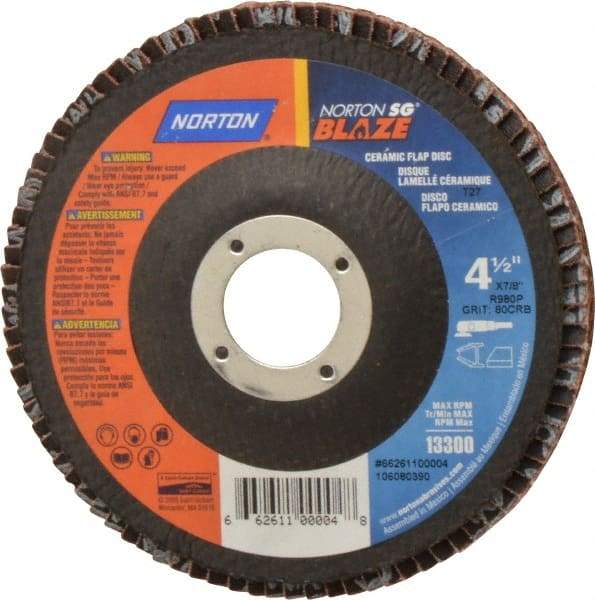 Norton - 80 Grit, 4-1/2" Disc Diam, 7/8" Center Hole, Type 27 Ceramic Flap Disc - Plastic Backing, Arbor Attaching System, Coated - Americas Industrial Supply