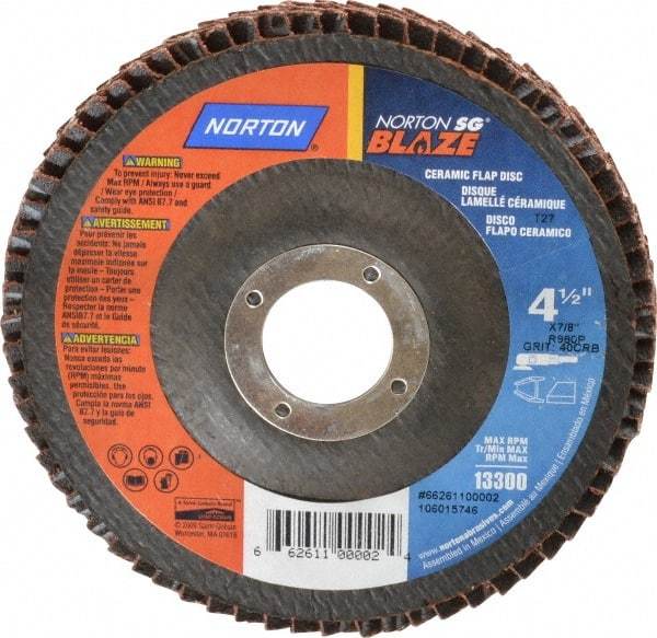 Norton - 40 Grit, 4-1/2" Disc Diam, 7/8" Center Hole, Type 27 Ceramic Flap Disc - Plastic Backing, Arbor Attaching System, Coated - Americas Industrial Supply