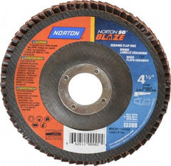 Norton - 40 Grit, 4-1/2" Disc Diam, 7/8" Center Hole, Type 27 Ceramic Flap Disc - Plastic Backing, Arbor Attaching System, Coated - Americas Industrial Supply