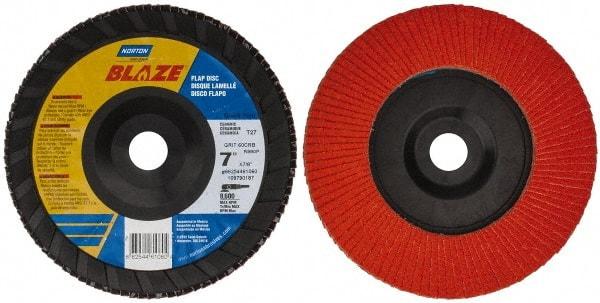 Norton - 60 Grit, 7" Disc Diam, 7/8" Center Hole, Type 27 Ceramic Flap Disc - Plastic Backing, Arbor Attaching System, Coated - Americas Industrial Supply