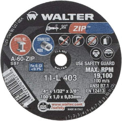 WALTER Surface Technologies - 4" 60 Grit Aluminum Oxide Cutoff Wheel - 1/32" Thick, 3/8" Arbor, 19,100 Max RPM, Use with Die Grinders - Americas Industrial Supply