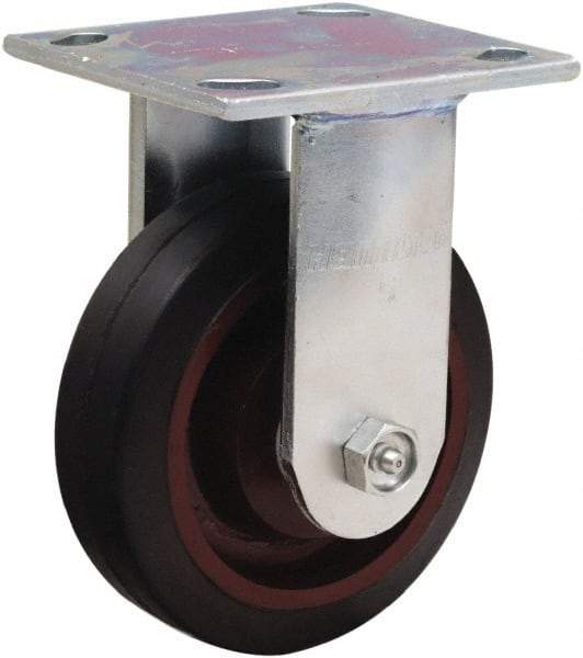 Hamilton - 5" Diam x 1-1/2" Wide x 6-1/8" OAH Top Plate Mount Rigid Caster - Rubber Mold on Cast Iron, 240 Lb Capacity, Straight Roller Bearing, 4 x 4-1/2" Plate - Americas Industrial Supply