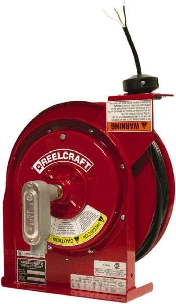 Reelcraft - 12 AWG, 45' Cable Length, Cord & Cable Reel with Flying Lead End - 0 Outlets, 20 Amps, 125 Volts, SJEOOW Cable, Red Reel, Spring Driven Reel - Americas Industrial Supply