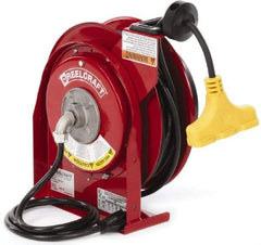 Reelcraft - 12 AWG, 45' Cable Length, Cord & Cable Reel with Triple-Tap Outlet End - 3 Outlets, NEMA 5-15R, 15 Amps, 125 Volts, SJEOOW Cable, Red Reel, Spring Driven Reel - Americas Industrial Supply