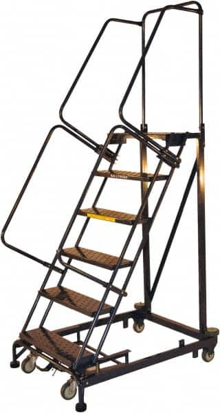 Ballymore - 93" 6 Step Ladder - Rolling Safety Ladder, 600 Lb Capacity, 60" Platform Height, 32" Base Width x 56" Base Depth, Serrated - Americas Industrial Supply