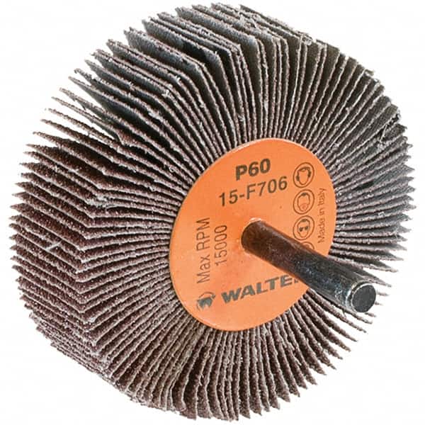 WALTER Surface Technologies - 3" Diam x 1" Face Width, Medium Aluminum Oxide Coated Mounted Flap Wheel - 1/4" Shank Mount, 60 Grit, Cloth Backing, 15,000 Max RPM - Americas Industrial Supply