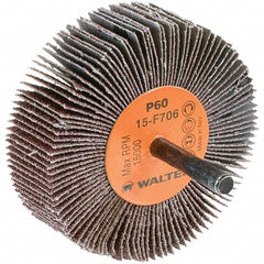WALTER Surface Technologies - 3" Diam x 1" Face Width, Medium Aluminum Oxide Coated Mounted Flap Wheel - 1/4" Shank Mount, 60 Grit, Cloth Backing, 15,000 Max RPM - Americas Industrial Supply